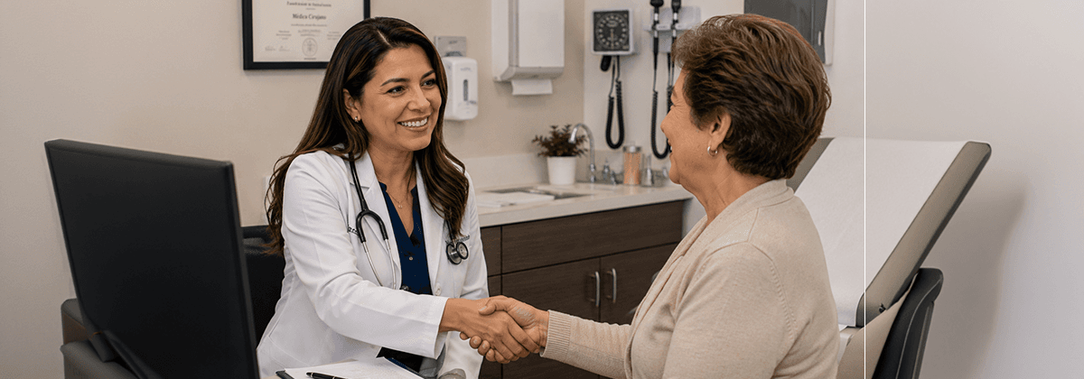 Doctora hispana saludando de mano a una paciente mayor en su consultorio