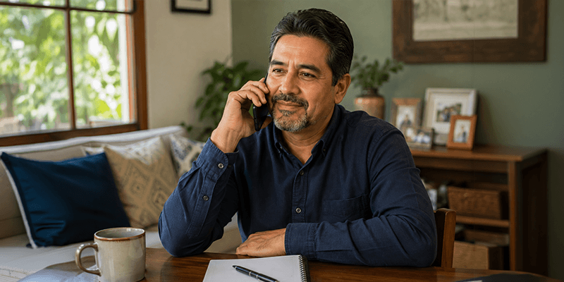 Señor hispano de unos 60 años hablando tranquilamente por teléfono en su casa