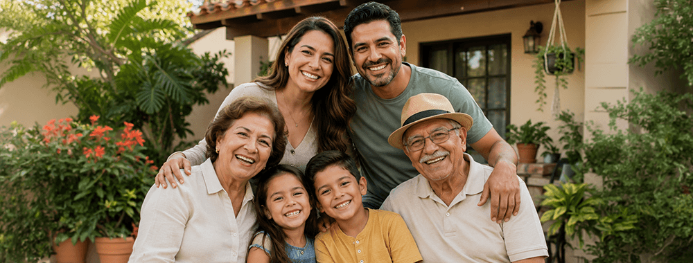Familia hispana multigeneracional reunida afuera de casa, felices