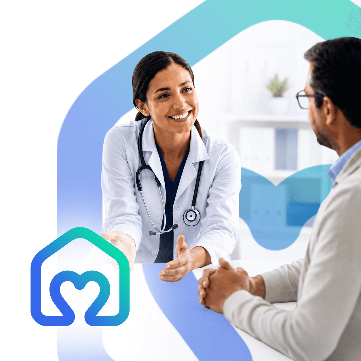 Doctora saludando amigablemente a un paciente en el consultorio